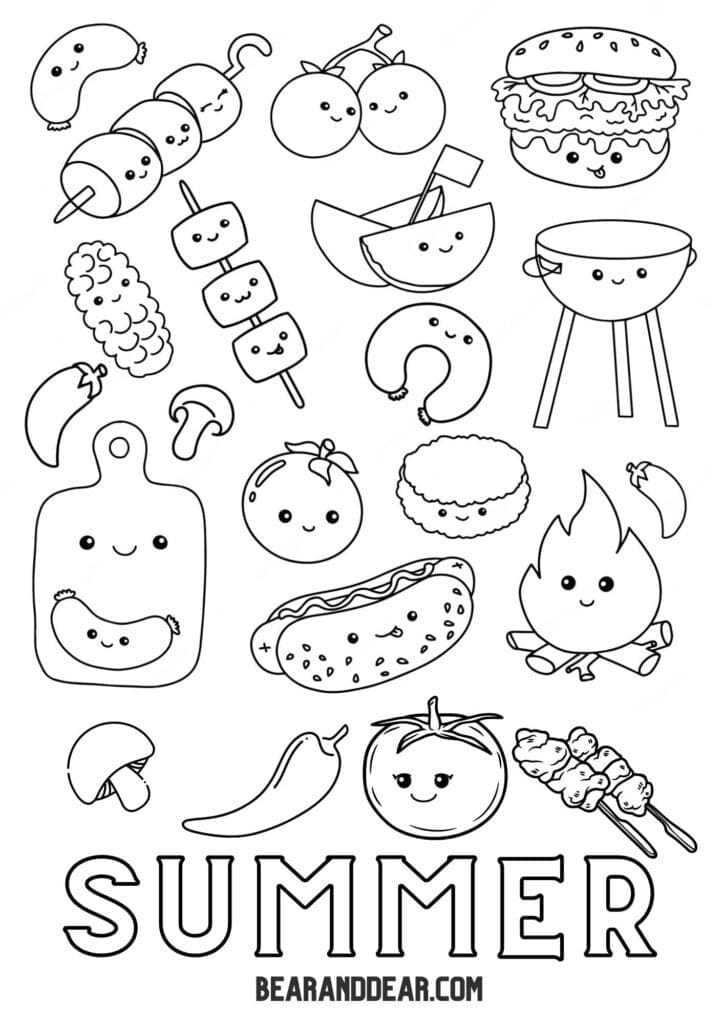 Kawaii Summer BBQ Food Coloring Page