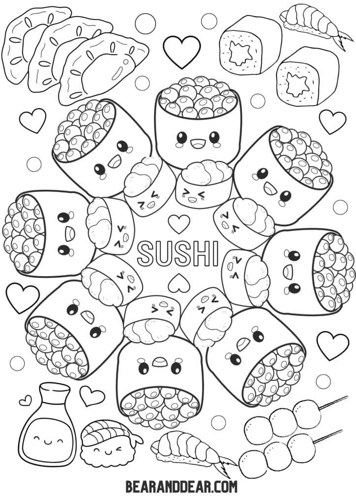 Happy Kawaii Sushi Platter Coloring Page