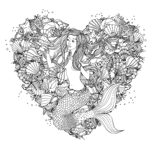 Free Mermaid Coloring Sheets: Mermaid Princesses Adventure 14 10. Heart Shape Mandala Sea shells and Mermaid