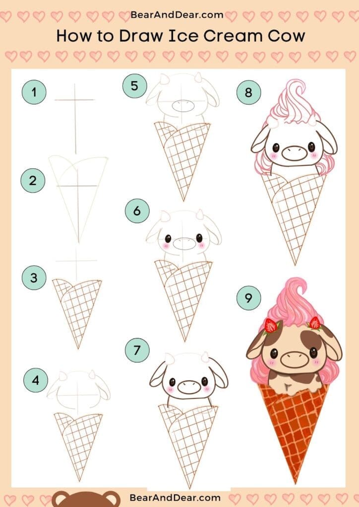 Ice Cream Cow step by step drawing reference guide 
