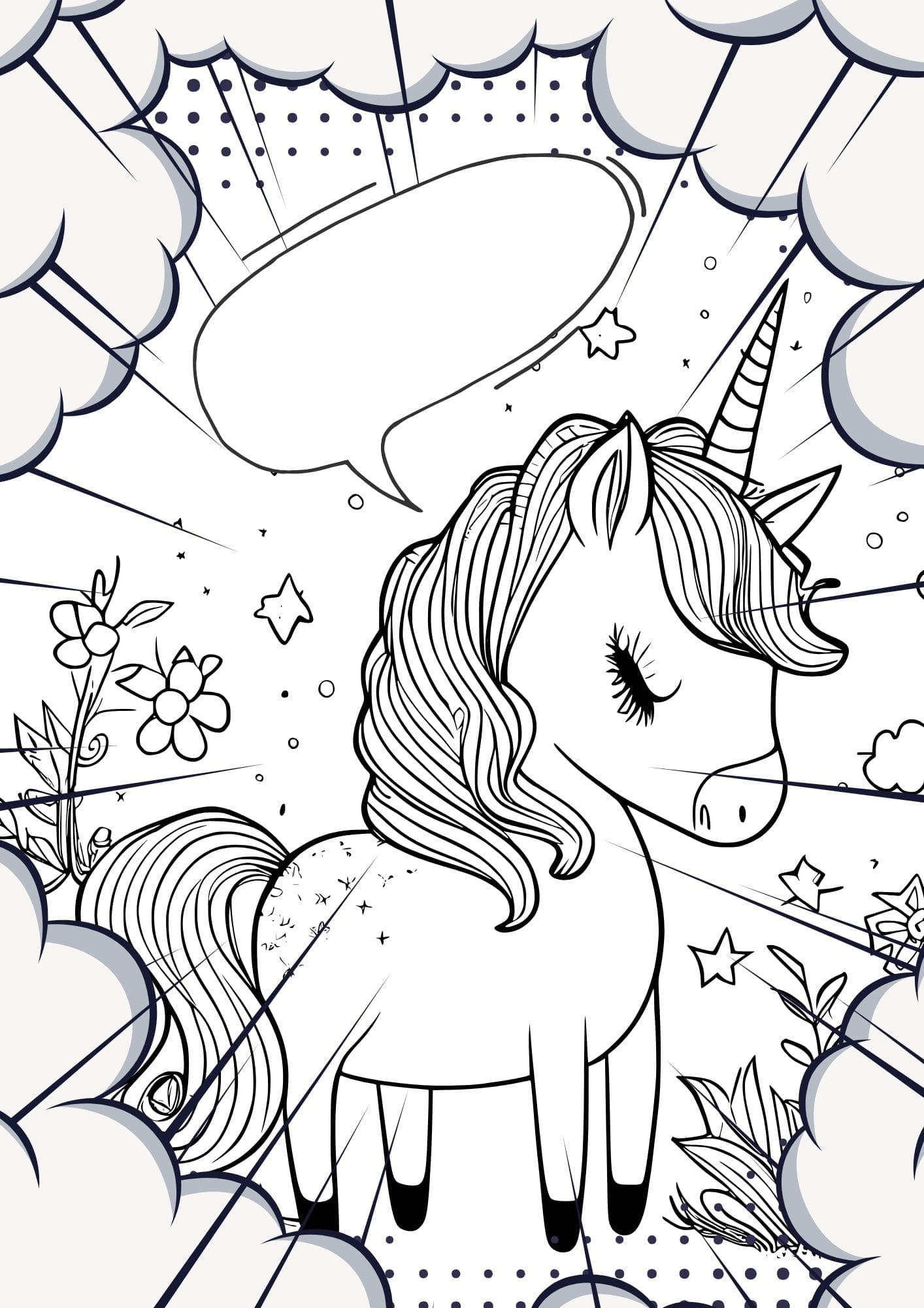 Unicorn Manga Coloring page-clouds