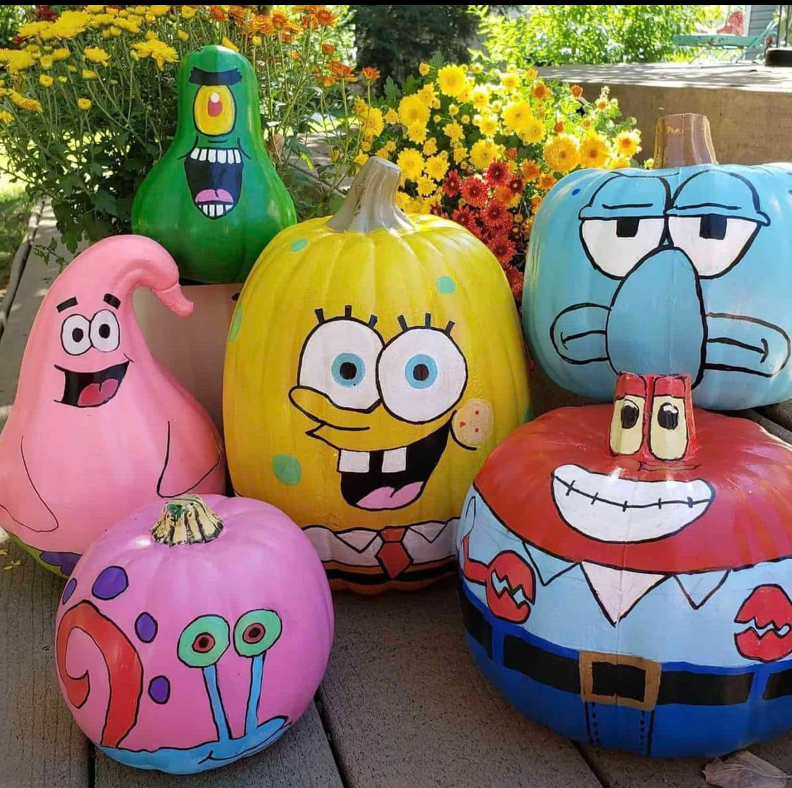 No-Carve Halloween! 30+ Easy Pumpkin Painting Ideas for All Ages 7 Spongebob and His Friends-- Halloween Pumpkin Painting Ideas