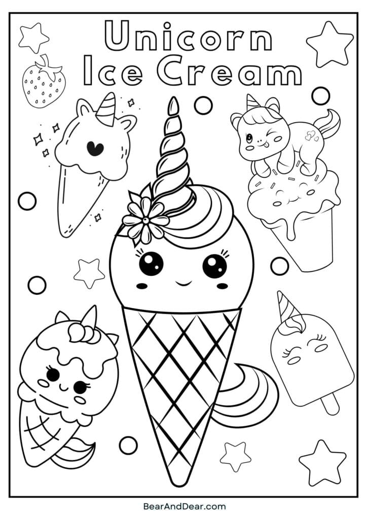15. Unicorn Ice Cream Coloring Page