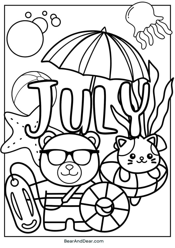cute July summer coloring page