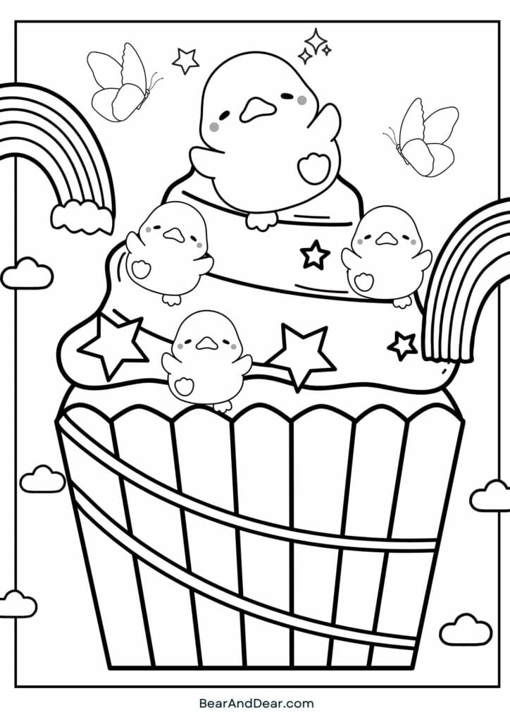 Cute duck cup cake coloring page