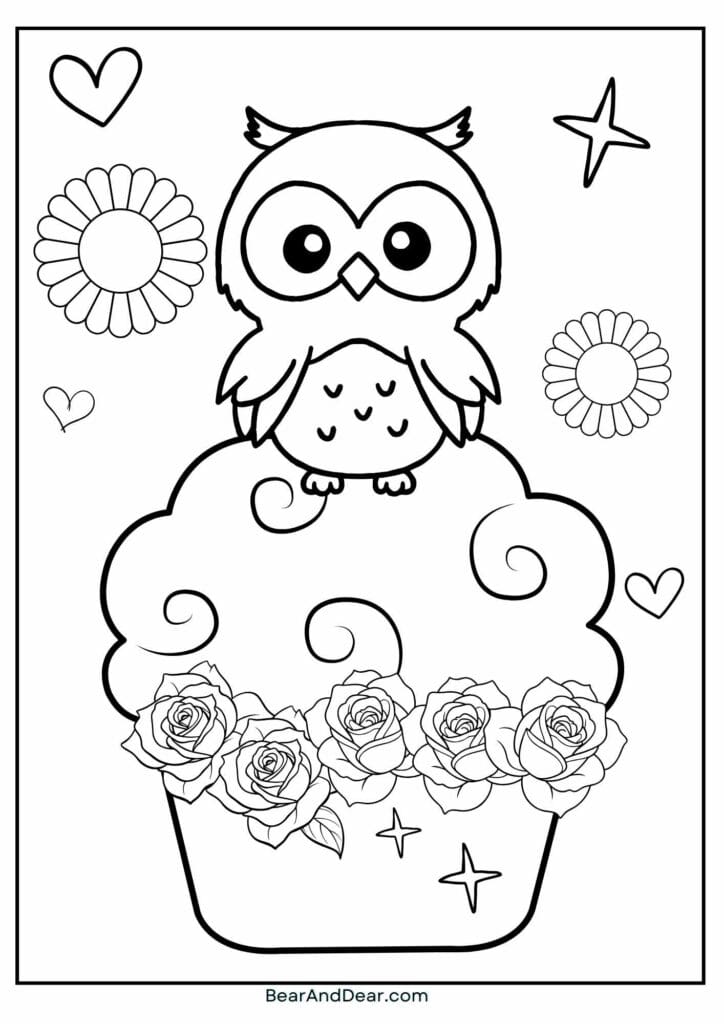 Owl cup cake coloring page