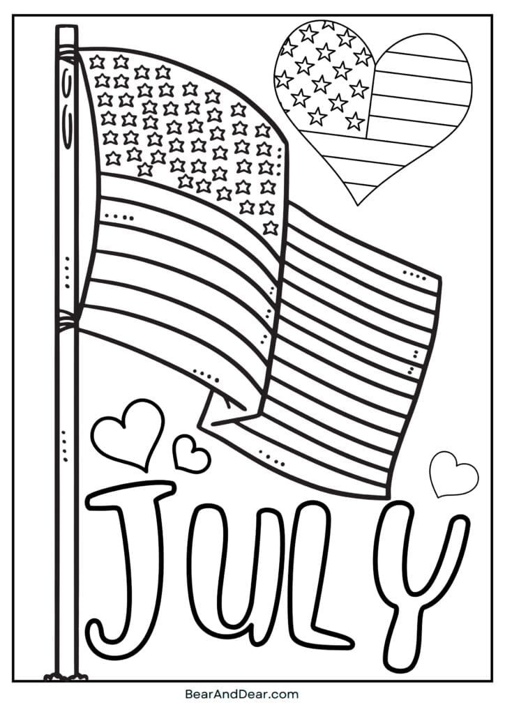American flag cute July 4 coloring page