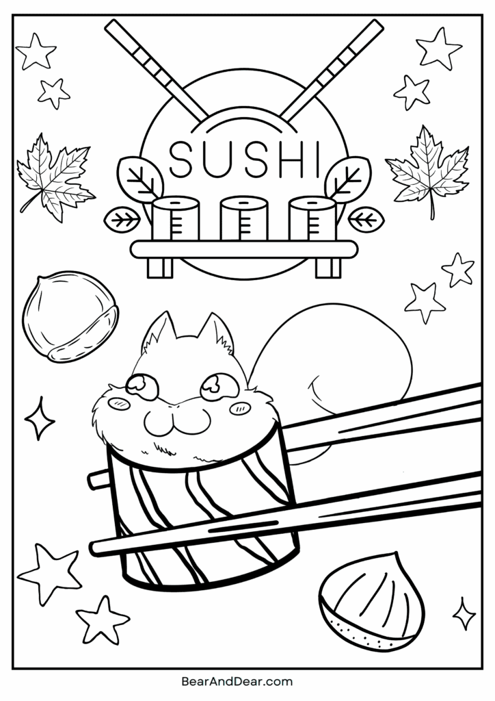 cute sushi squirrel coloring page