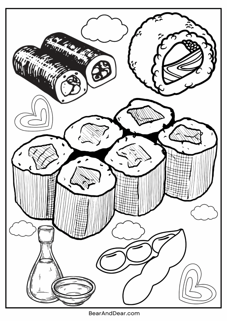 kawaii sushi coloring sheet for kid