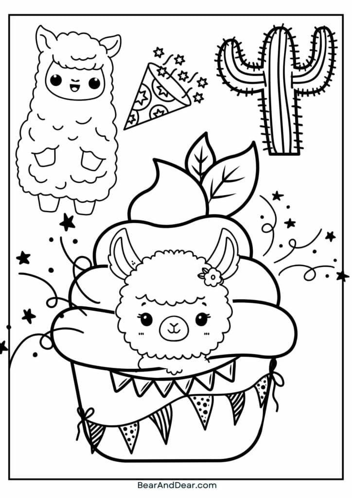 llama cupcake coloring sheet