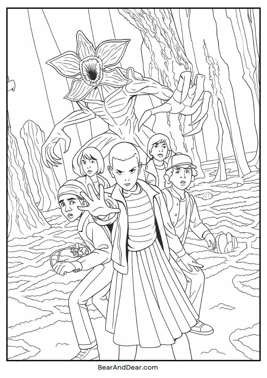 stranger things coloring pages-the upside down world-group fight