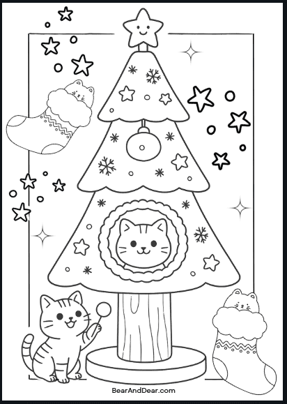 Cute cat christmas tree coloring page
