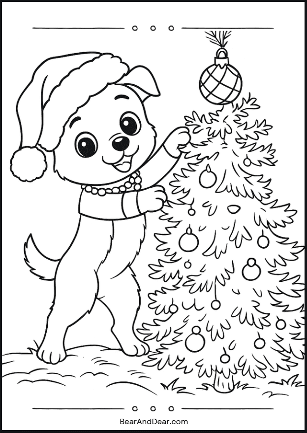 Cute Dog and Mini Christmas Tree Coloring Worksheet