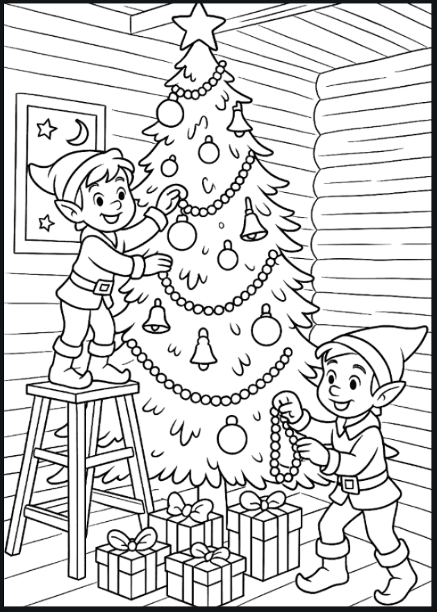 elves decorating in santa workshop Coloring Page
