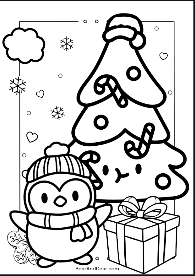 penguin outdoor christmas tree coloring Page