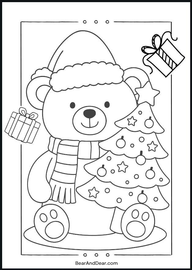 Kawaii Bear Christmas Tree Coloring Page