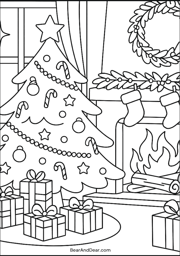 Cozy Christmas Tree and Fireplace Coloring Page
