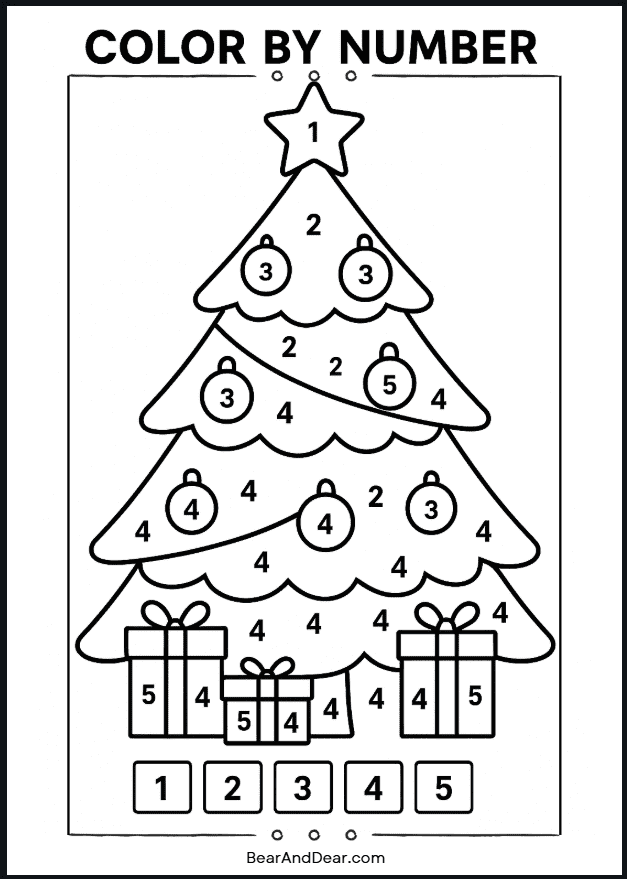 color by number christmas tree coloring page