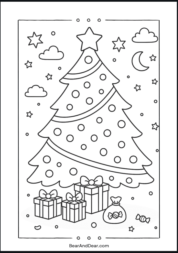 Starry Night Christmas Tree Coloring Page