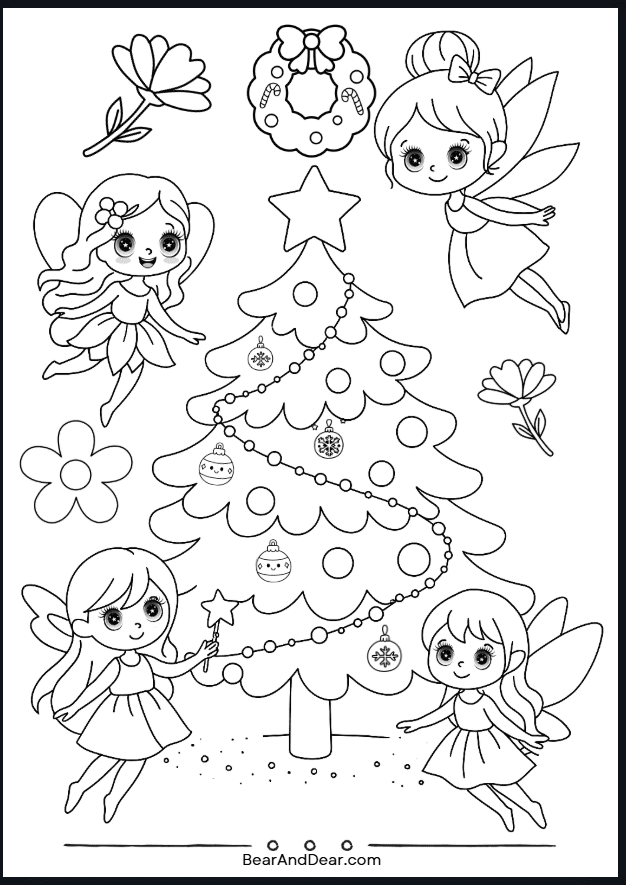 fairy decorating christmas tree coloring page